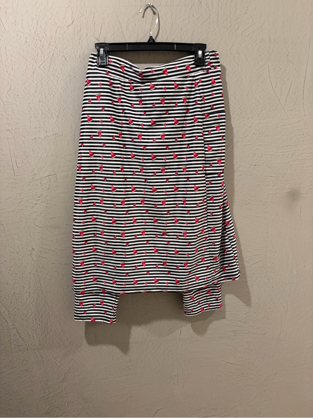 Black and White Striped Asymmetrical Skirt with Red Watermelon Print
